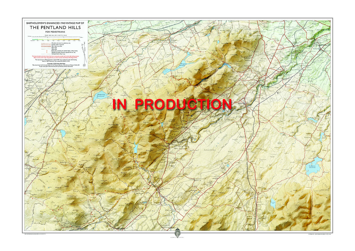 Pentland Hills: Enhanced Bartholomew 1945 Vintage Map